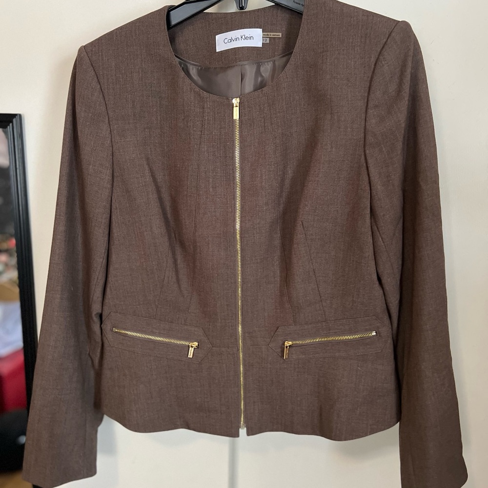 Calvin Klein Chocolate Brown Blazer with Gold Zippers